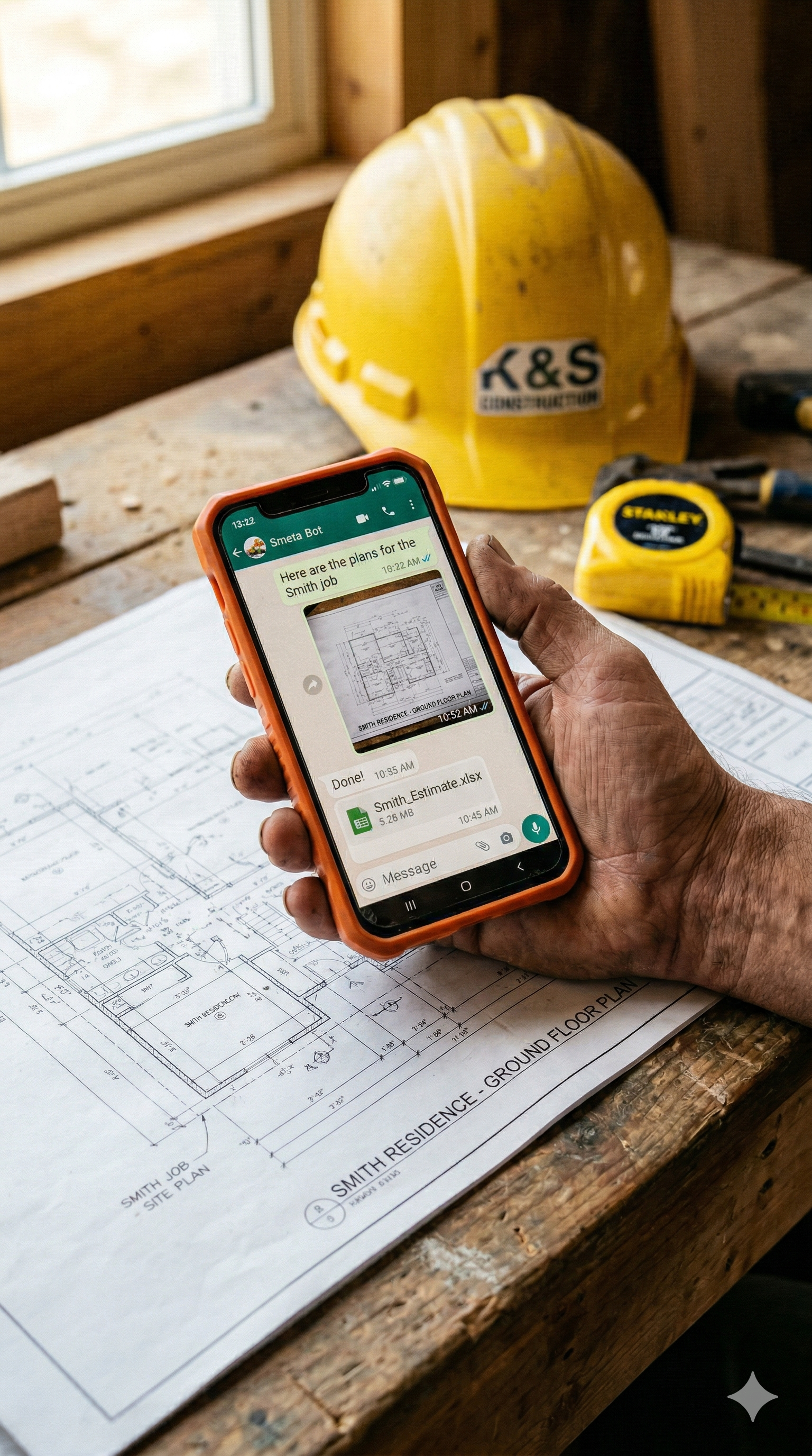 Construction worker using Smeta on phone at job site